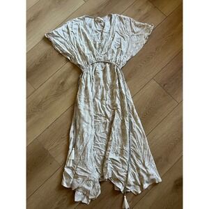 Rip Curl Womens Midi Dress Beige Pattern V Neck Kimono Sleeve Drawstring